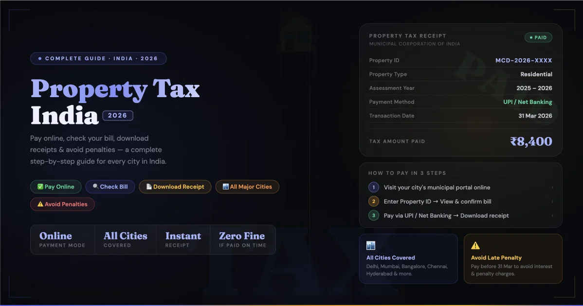 Property Tax India 2026 — How to Pay Online, Check Bills, Download Receipts (BBMP, GHMC, MCD, Chennai, Pune)